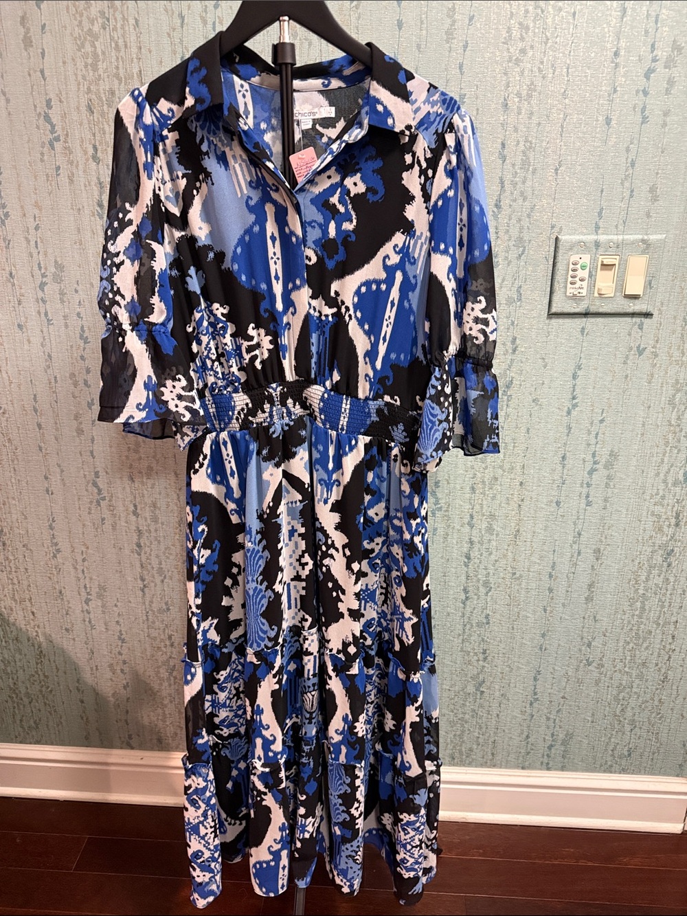 Blue Black White Print Midi Dress -